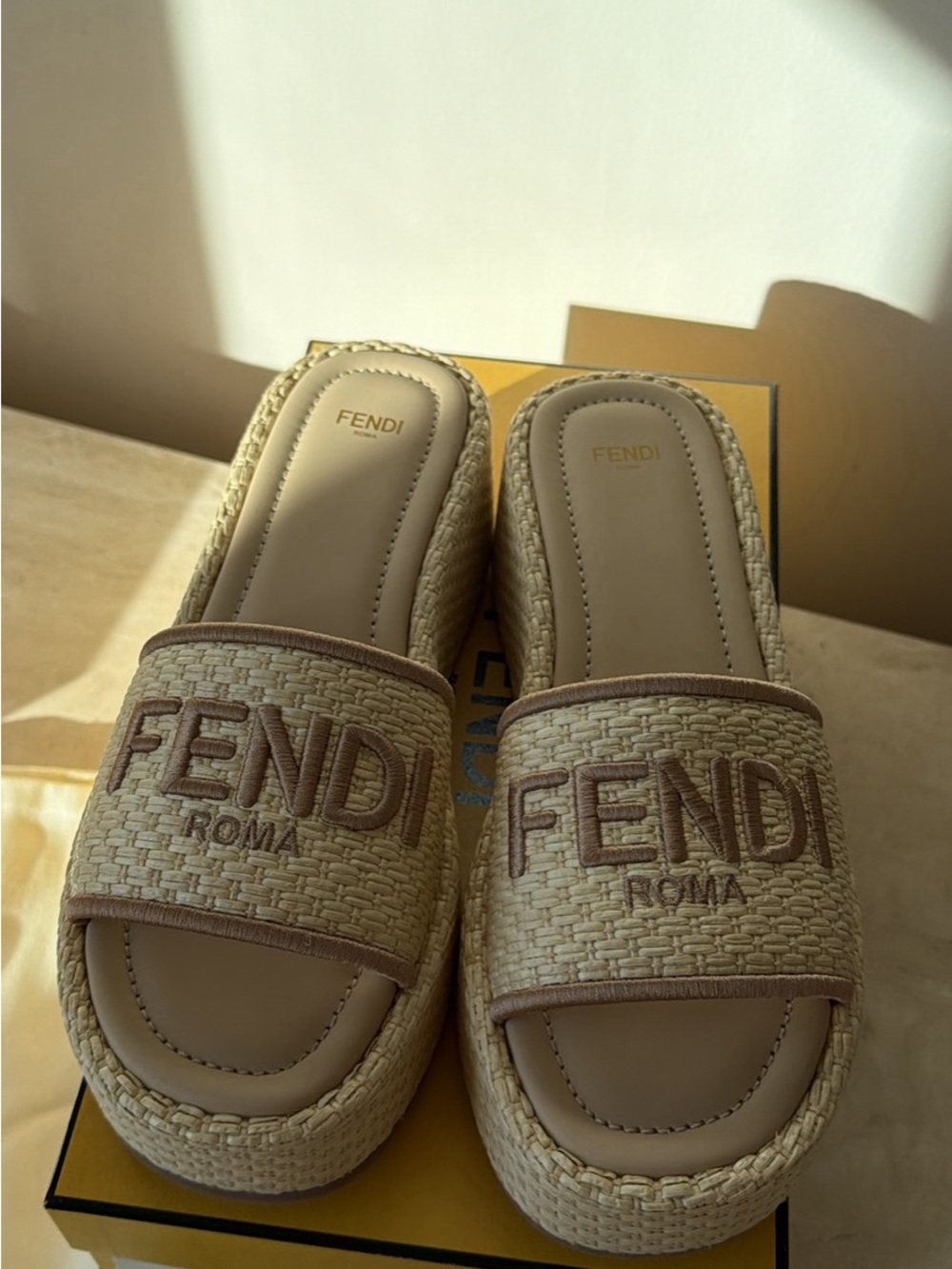 Fendi Beige Raffia Logo Slide Mules